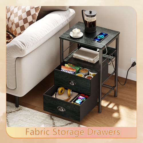 Furologee Nightstands Set of 2 with Charging Station, 2 Fabric Drawers