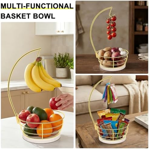 Livabber Countertop Fruit Basket Bowl with Banana Hanger, Modern Standing Fruit Vegetable Bowl Storage, with Banana Tree Holder for Kitchen Dinning Table (Round Marble, Gold)