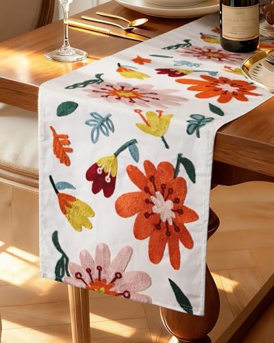 Canvas Embroidered Narrow 13"x 72" Table Runner, Colorful Flower
