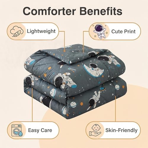 JSD 3 Piece Grey Astronaut Space Theme Kids Comforter Set Queen Size