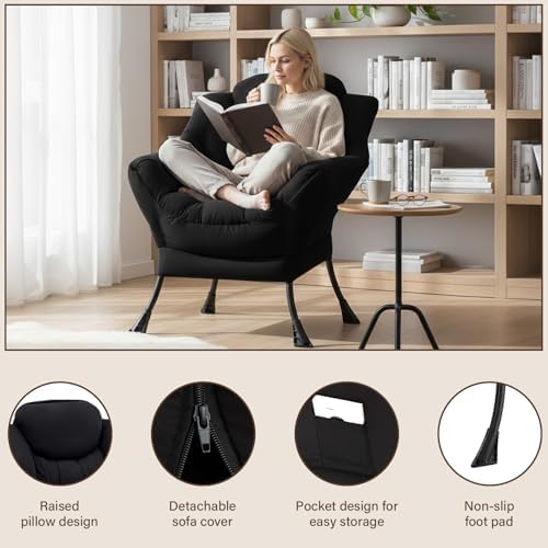 Welnow Lazy Chair for Adults，Modern Reading Accent Chair,Black Single