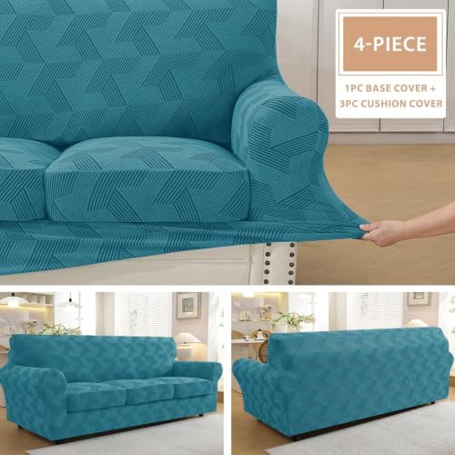 ZNSAYOTX 4 Piece Stretch Couch Covers (72"-90") New-Rectangle Texture, Thick Sofa Covers for 3 Cushion Couch Universal Sofa Slip Cover with Elastic Bottom & Buckle, Washable Protector Peacock Blue