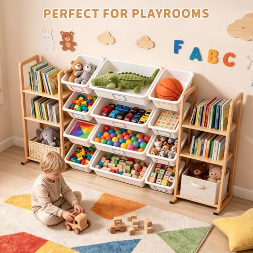 Toy Storage Organizer with 6 Shelves and 12 Removable Storage Bins, Bookshelf/Bookcase, Kids Bin Shelf, Toys Box for Playroom Organization for Bedroom & Room