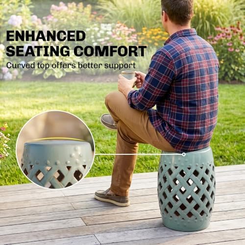 Outsunny 12.5" x 18" Ceramic Garden Stool Woven Lattice Design Antique Blue