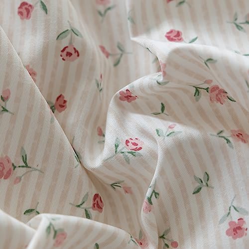 Pink Flower Stripes Duvet Cover Set Twin 100% Cotton Blossom Duvet Cover with Zipper Closure,Cottagecore Bedding Set for Girls Women-68 x86,Off-White