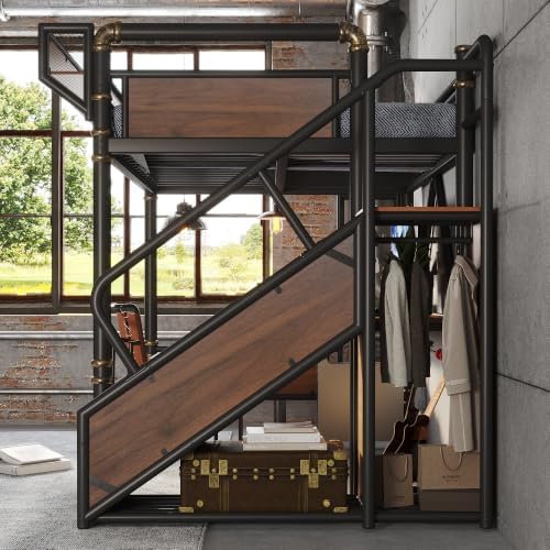 Bellemave Full Metal Loft Bed with Stairs and Desk for Kids,Adults,Black
