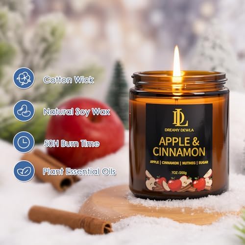DL DREAMY DEWLA Fall Candle, Apple & Cinnamon Scented for Home, 7oz Soy Wax