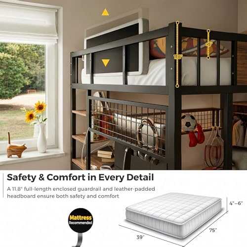Twin Loft Bed with Desk, Stair, Headboard and Storage (Black)