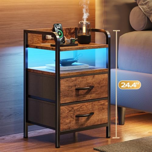 Huuger Nightstands Set of 2, Night Stand with LED Lights, Charging Station