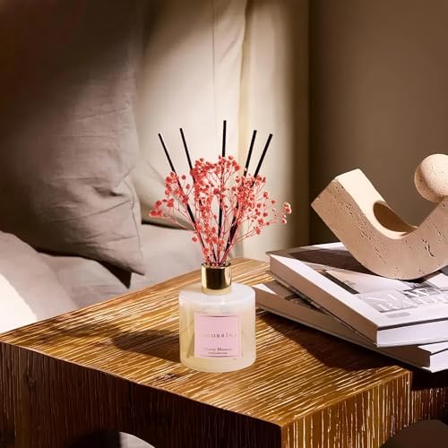 COCORRÍNA Reed Diffuser - Cherry Blossom 6.7 Fl.oz Reed Diffuser Set with Sticks & Preserved Baby's Breath, Reed Diffuser for Home Bathroom Shelf Decor