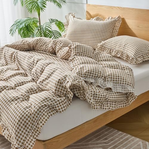 Gingham Duvet Cover King Size, 3 Pieces Soft Breathable Microfiber Plaid Duvet Cover with Zipper Closure & 2 Pillow Shams, Ruffle Farmhouse Vintage Decor, Taupe