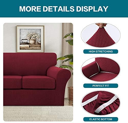 Turquoize 3 Piece Sofa Covers for 2 Cushion Couch Sofa Slipcover Soft Couch Cover for Dogs-Washable Sofa Furniture Covers with 2 Individual Cushion Covers, Thick Jacquard Fabric (Loveseat, Burgundy)