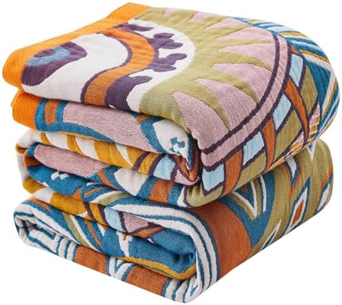 Boho Blanket Soft Muslin BohoThrow Blanket, 100% Cotton Floral Printed Farmhouse Decor All Season Reversible Rustic Throw for Sofa Couch Chair (Orange, 50"x60")
