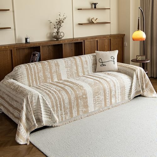 MEETSKY Boho Chenille Couch Cover for Dogs, Washable Cat Scratch Proof Sofa Slipcover for L-Shape Sectional, Soft Pet Furniture Protector, 71" x 118", Khaki with Stripes