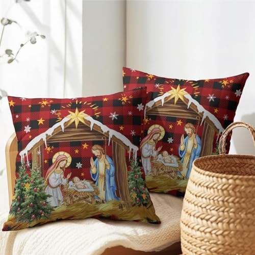 Jesus Nativity Throw Pillow Cover 22x22 Inch Set of 2 Xmas Red Buffalo Plaid Pillow Case Christma O Holy Night Winter Holiday Cushion Case for Home Living Room Couch Sofa Decor