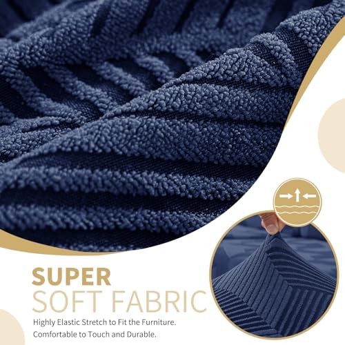 JIVINER 1 Piece Couch Cover for 3 Cushion Couch, High Stretch Sofa Covers with Elastic Bottom, Washable Sofa Slipcovers for Dog, Pets Feature Geometrical Jacquard Fabric (Sofa, Navy Blue)