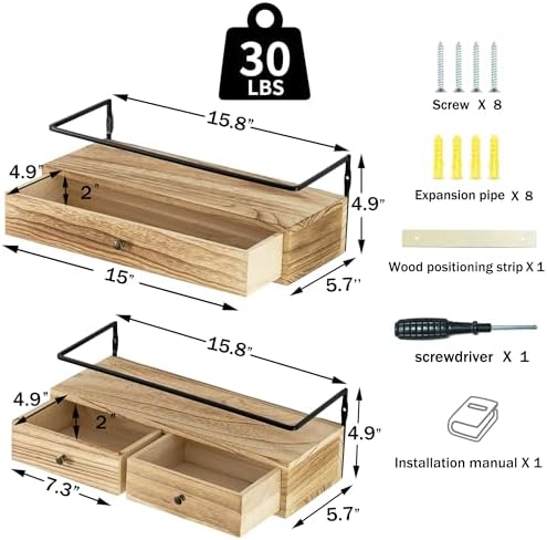 Floating Shelves With Drawers Set of 2, Wall Mounted Storage for Bathroom