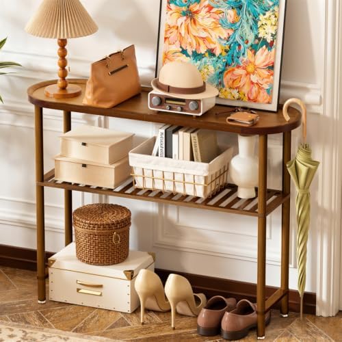 Farmhouse Entryway Table Bamboo 39.4", Narrow Console Table Oval Top, Behind Sofa Table with Anti-fall Edge, TV Stand for Living Room, Indoor Outdoor Plant Stand, 5min Easy Assembly, Dark Walnut