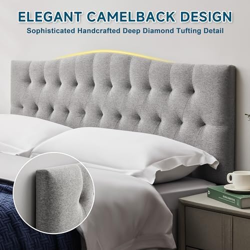 Tufted Upholstered Full Size Headboard Only, Adjustable 38-50 in, Gray