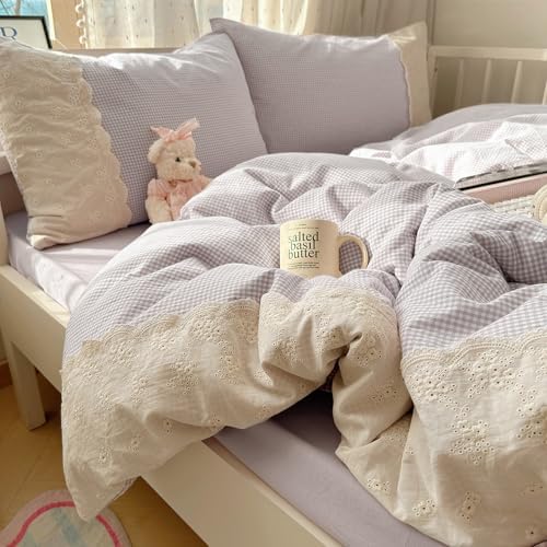 LifeTB Purple Gingham Duvet Cover Twin XL Cozy Washed Microfiber Purple Checkered Plaid Duvet Cover with 2 Pillowcases Romantic White Lace Comforter Cover 3 Pieces Gingham Grid Bedding Set