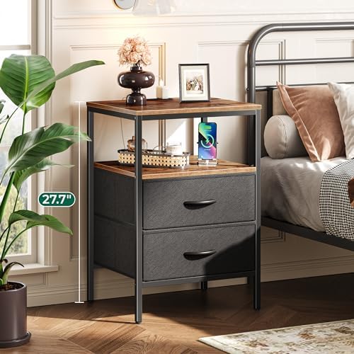 Huuger Night Stand with Charger Station, 27.7 Inch Tall Nightstand