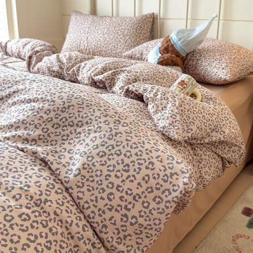 Leopard Duvet Cover Set Queen,Muslin Cotton,Nude Beige Pink