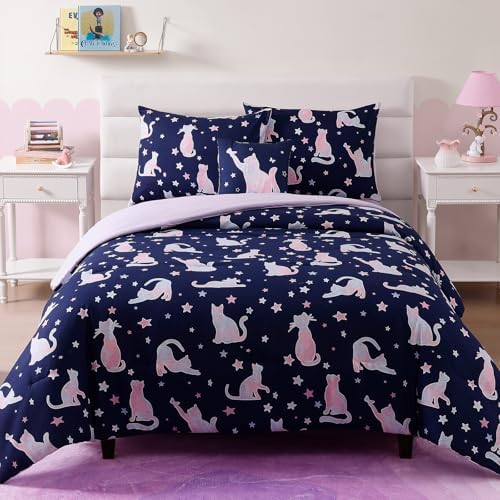 Full Size Comforter Sets for Girls-4 Pieces Cat Glow in the Dark Bedding