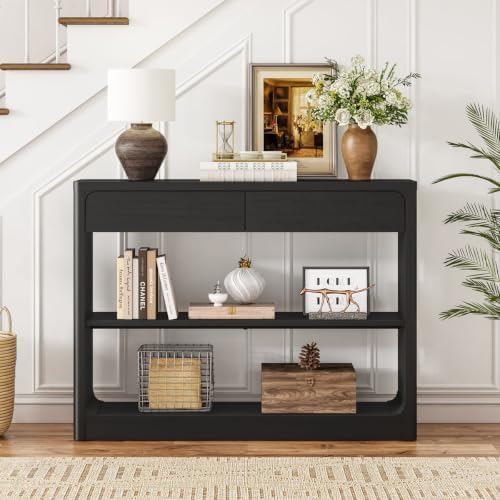 FATORRI Console Table with 2 Drawers, 43.3 Inch Farmhouse Narrow Entryway Table with Storage Shelves, Rustic Sofa Tables Behind the Couch for Hallway, Living Room, Foyer (Black)