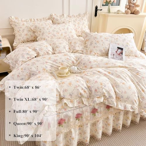 Floral Cotton Duvet Cover King Size 3 Pcs,100% Cotton Duvet Cover with 2 Pillowcases with Ruffles,Pink Rustic Aesthetic Breathable Soft Comfy Comforter Covers King 104"×90"