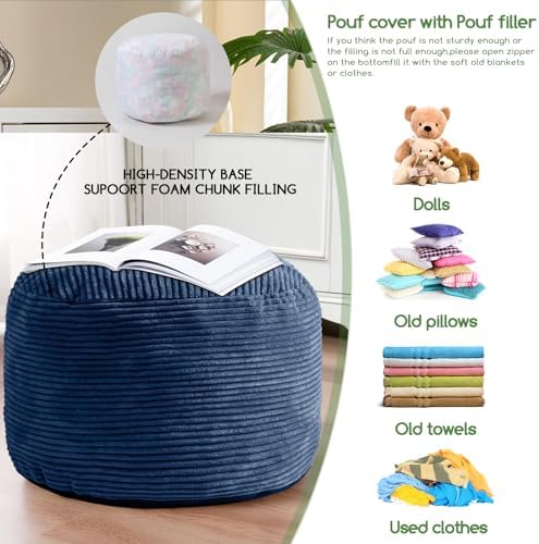 HIGOGOGO Round Stuffed Pouf Ottoman, Corduroy Poufs with Foam Chunk Filling, Furry and Fluffy Pouf Foot Stool Storage Ottoman, 26 X 18 Floor Poufs Foot Rest for Living Room, Bluestone