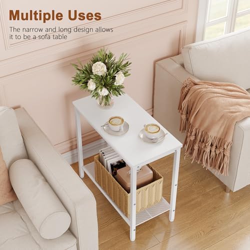 Hoctieon 2 Tier End Table, Sofa Side Table, Narrow Side Table with Storage, Slim Nightstand for Small Spaces, Metal Frame, for Living Room, Bedroom, Sofa Couch, Hall, White