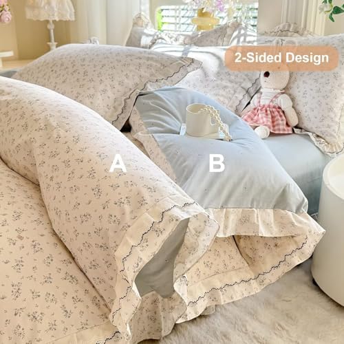 Blue Floral 100% Cotton Duvet Cover Full Size Garden Style Bedding Set Ruffle for Teen Girls,Soft Comfy Bedding Quilt Covers,3 Pieces(1 Duvet Cover with 2 Pillowcases),Zipper & Corner Ties