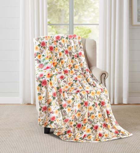 Soft Fleece Throw Blanket, Elegant Floral Wild Flowers Pink Yellow, 50x70