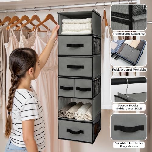 GRANNY SAYS Hanging Closet Organizer with 5 Drawers & 6 Shelves, Gray