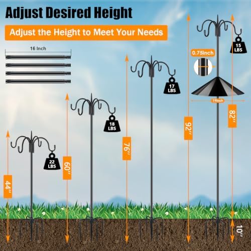FEED GARDEN Heavy Duty Shepherds Hook Squirrel-Proof Bird Feeder Pole 92" Four Hooks 5-Prong Base & 19" Baffle for Outdoor Feeders & Plants