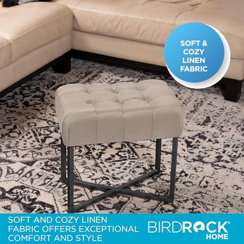 BIRDROCK HOME Rectangle Tufted Linen Ottoman Foot Rest - 19.7x11.82x17.73” Small Foot Stool with Legs - Padded Footrest Modern Ottomans for Living Room Furniture, Bedroom Footstool (Beige)