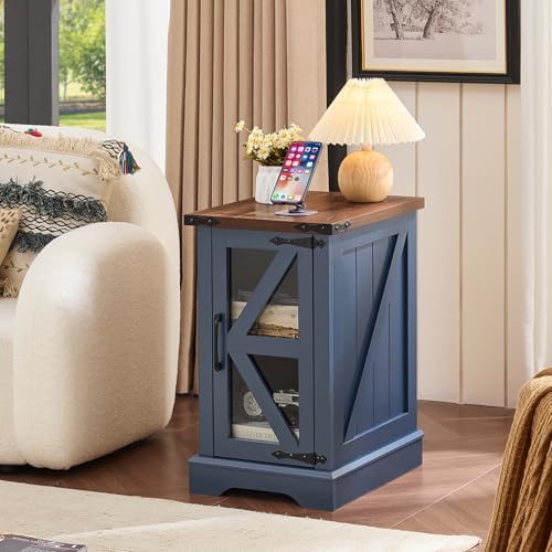 Joaxswe Narrow Night Stand for Small Spaces, Farmhouse End Side Table with Glass Barn Door Storage, Wood Bedside Tables, Blue Nightstand Cabinet for Living Room Bedroom Dorm