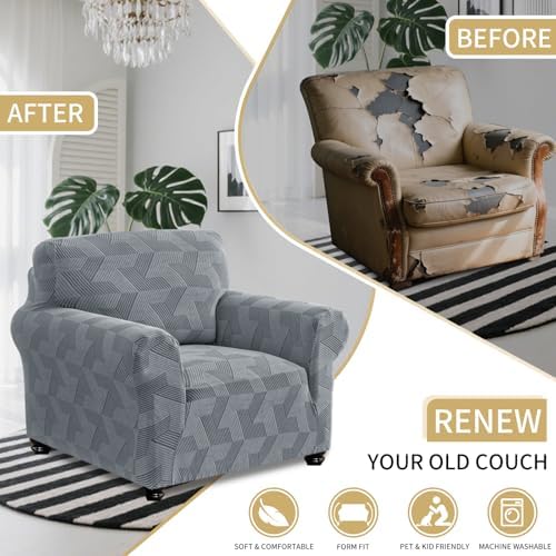 JIVINER Stretch Chair Covers, 1 Piece Couch Covers for Living Room, Non Slip Soft Sofa Covers, Washable Armchair Slipcovers for Dog, Pets Feature Geometrical Jacquard Fabric (Chair, Light Grey)