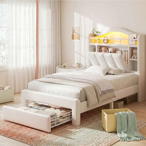 Kids LED Bed Frame with Storage Headboard & 2 Storage Drawers (Twin&Beige)