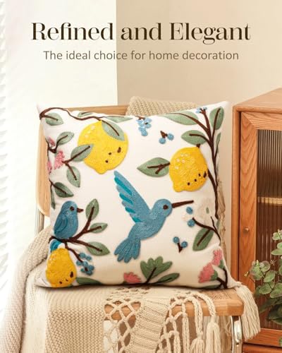 Embroidered Throw Pillow Cover 18x18 Inch, Bird Lemon