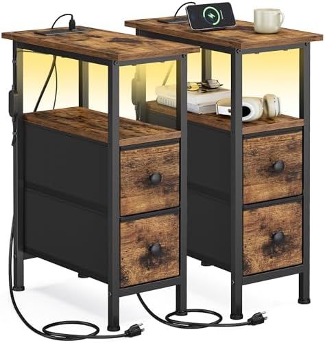 SONGMICS Side Table with LED Light, Narrow End Table with 2 Fabric Drawers