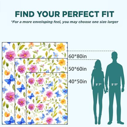 Spring Floral and Butterfly Blanket Lightweight Blankets Gifts for Women Flannel Throw with Pink, Blue and Yellow on White Background Printed for Sofa, Bed, Office, Decor Throws 80x60 Inch
