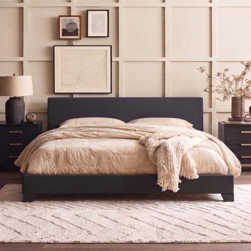 Allewie King Size Faux Leather Bed Frame, Adjustable Headboard, Black