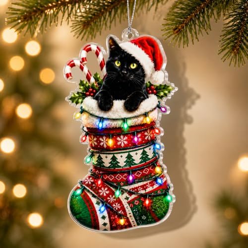 Black Cat Christmas Ornaments 2026, Cat Lover Gifts for Women Men, Black Cat Ornament with Lights, Funny, Cute Pet Acrylic Hanging Ornament, White Elephant Gift