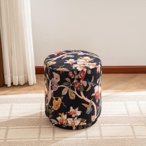 15.7" Swivel Vanity Stool, Floral Velvet Round Ottoman, Black