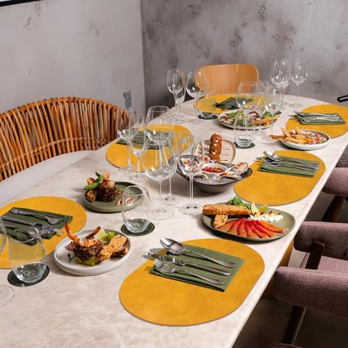 ADRIMER Oval Placemats Set of 12, Wipeable Faux Leather, Yellow