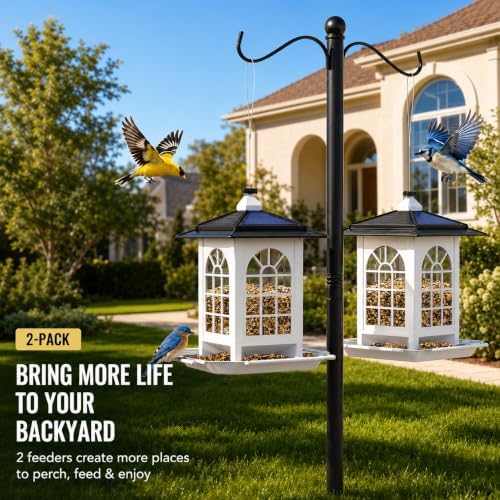 Birdream 2 Pack Solar Bird Feeders for Outdoors, Hanging Solar Wild Bird Seed, Assembly Required, 1-Min Easy Setup, Classic Courtyard Design, Attracting Cardinals Chickadees Sparrows, Total 7 LB