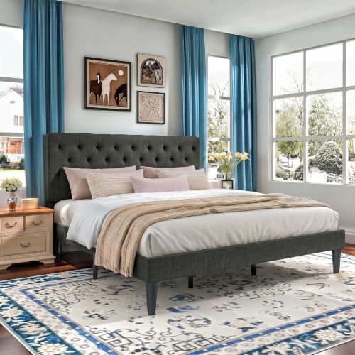 HOMBCK King Size Bed Frame, Upholstered Bed with Headboard, Dark Grey