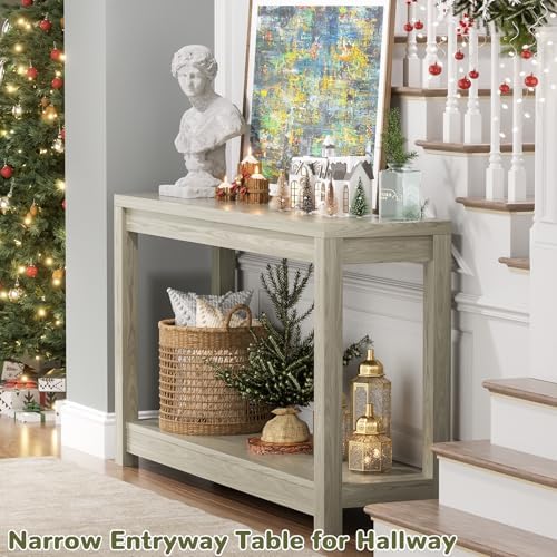 Besiost Small Farmhouse Wood Entryway Table Narrow Console Table with Storage Behind Couch Sofa Table with Shelves Entry Way Table with Open Storage, Easy Assembly, 32" Classical Washed Oak