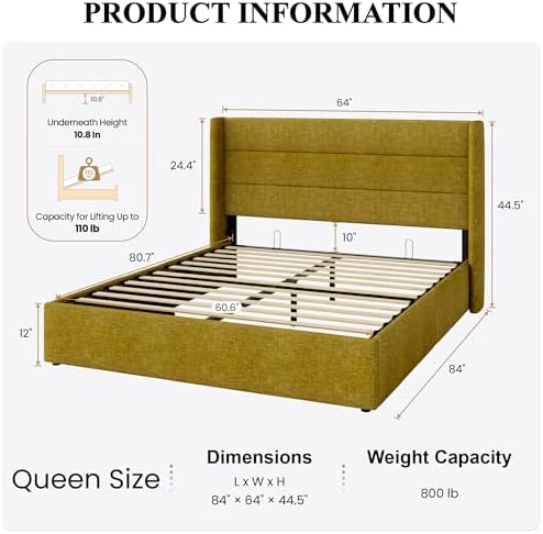 SHA CERLIN Queen Size Lift Up Hydraulic Storage Bed Frame Olive Yellow